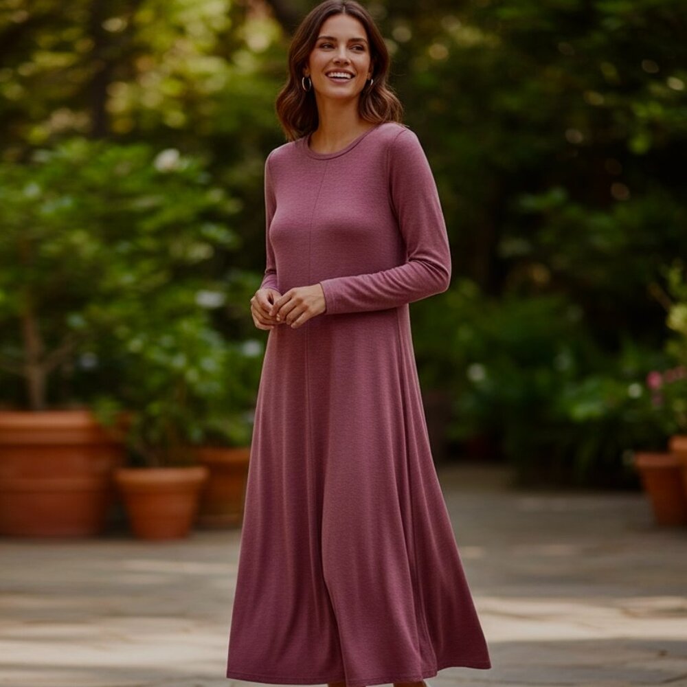 Eileen Fisher‎ Crewneck Long Sleeve Cupro Blend Midi Dress in Jam Size S #275D